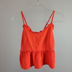SIM & SAM // lipstick red eyelet ruffle adjustable strap smocked back peplum top
